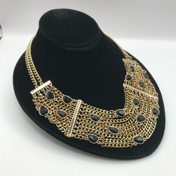 Gold-Tone and Black Cabochons Multi Layered Chain Necklace - Picture 2 of 8